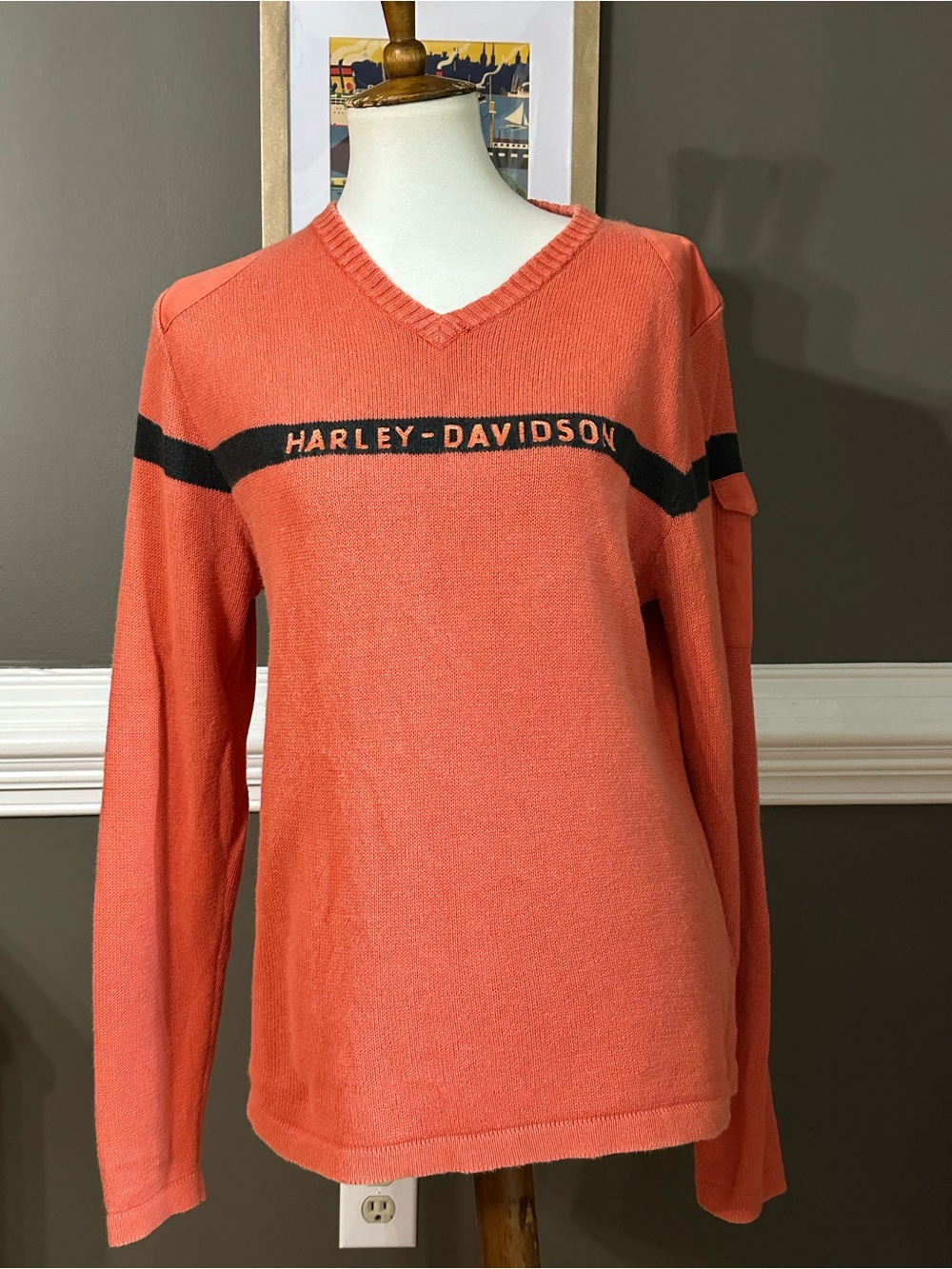 Vintage 90s Ladies Harley-Davidson Orange and Black V-Neck Sweater